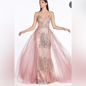 Jovani Light Pink Embellished Deep V-Neck Dress